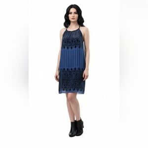 Max Studio Silk Velvet Burnout Dress M Blue Black Sheer Overlay Y2K Fairy Goth